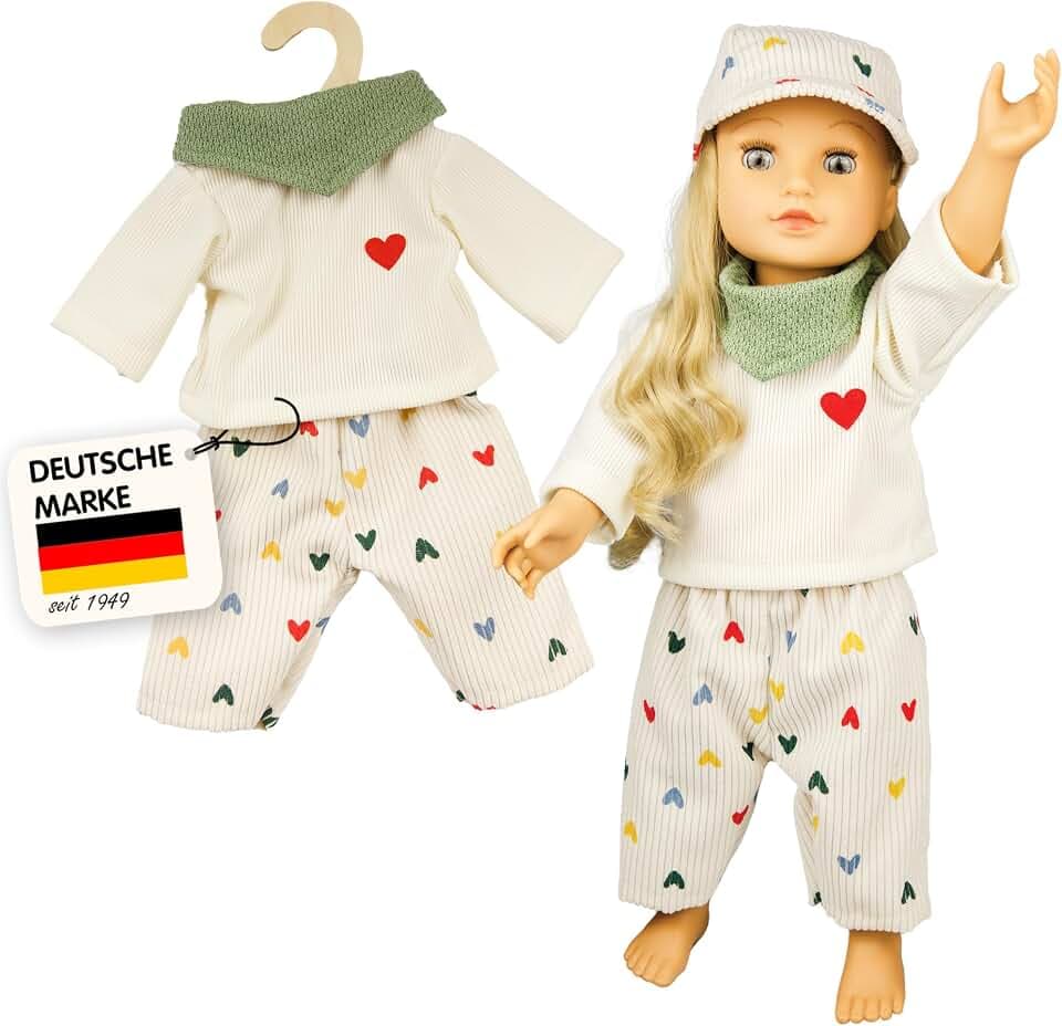 Heless 2516 - Puppenkleidung ''Herz-Konfetti'', 3-teiliges Set mit Kordhose, T-Shirt und Tuch, für Puppen und Kuscheltiere der Größe 35-45 cm