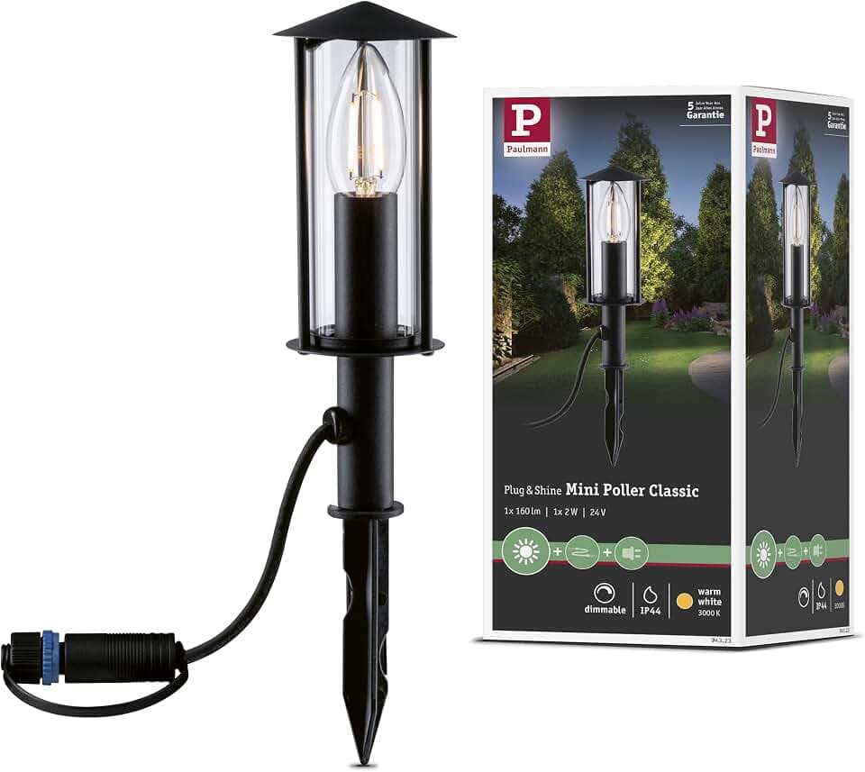 Paulmann 94323 Plug & Shine LED Außenleuchte Minipoller Classic IP44 incl. 1x2 Watt dimmbar Klar Metall 3000 K E14