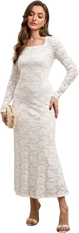 Women Lace Dress Long Sleeve Floral Maxi Dresses Romantic Bodycon Elegant Wedding Dress