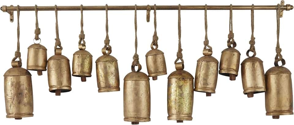 Deco 79 Metal Decorative Cow Bells Tibetan Inspired with 12 Bells on Jute Hanging Ropes and Rod, 48" x 6" x 20", Gold