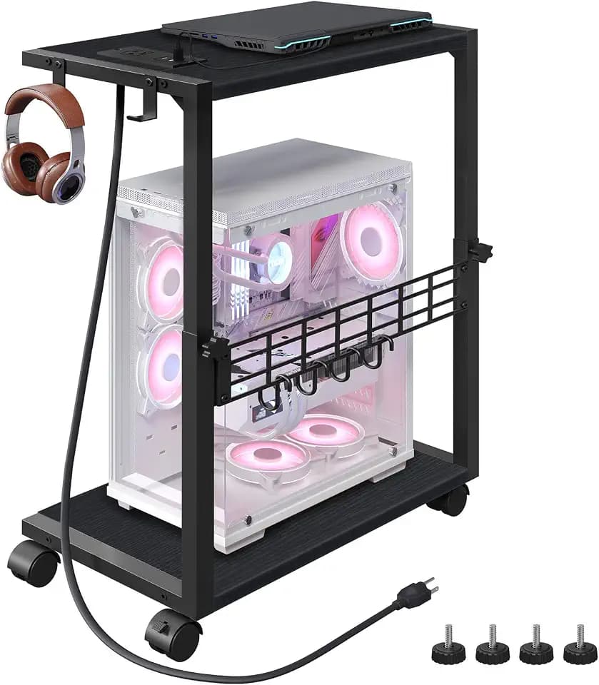PC Stand, Height Adjustable Computer Tower Stand, 19.7"-31.5" H, Computer Cart with Charging Station, Wheels and Hooks, CPU Holder for Floor, Carpet and Under Desk, Easy Assembly, Black