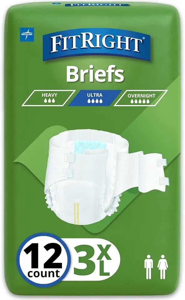 FitRight Bariatric Adult Incontinence Briefs with Tabs, Super Absorbent, 3XL, 65" to 84", 12 Count
