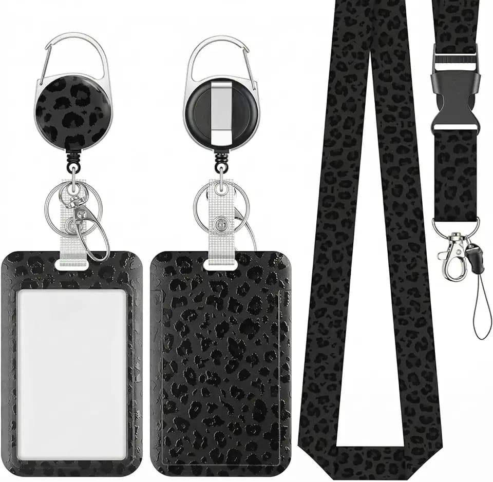Ausweishülle mit Band, Ausziehbarer Schlüsselanhänger mit Karabiner, Leopard-Relief-Kartenhülle für Beruf und Alltag