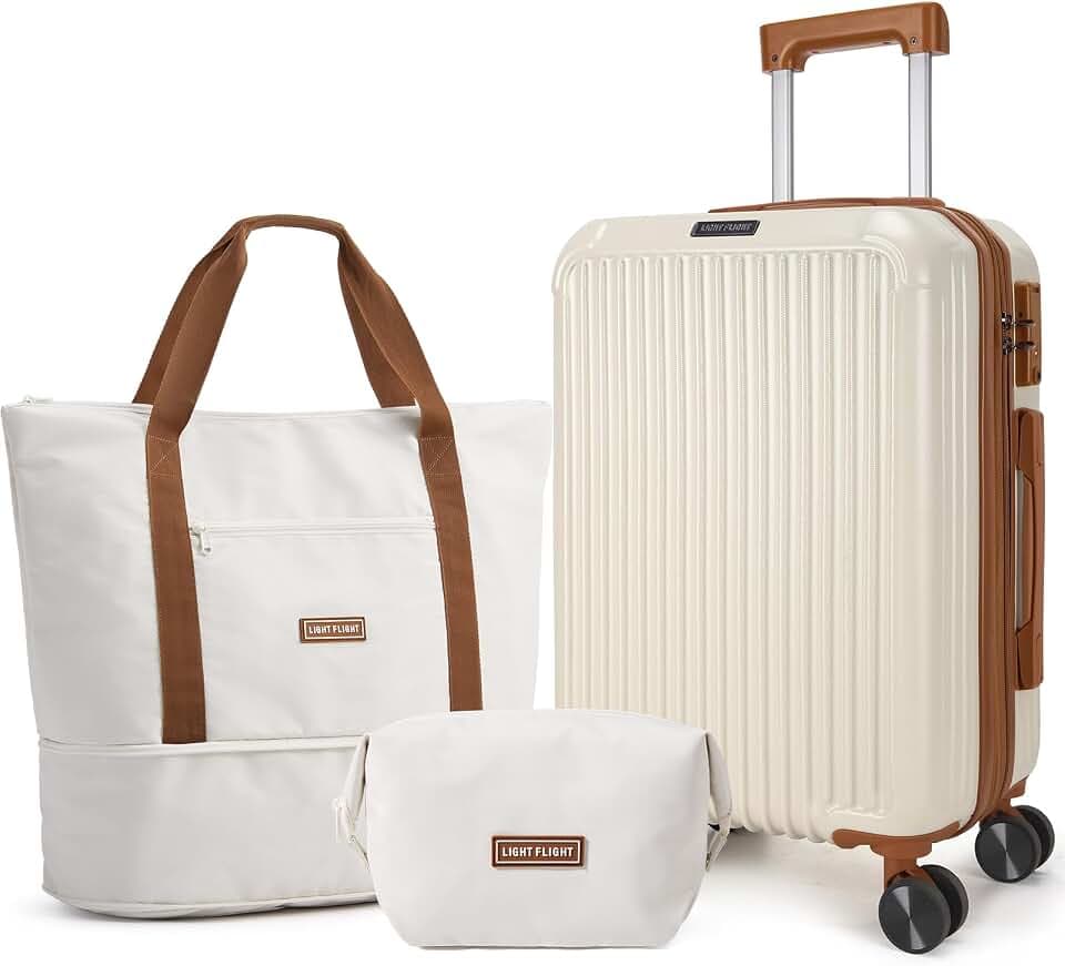 LIGHT FLIGHT 3-Piece Luggage Sets, Expandable Carry On Suitcase, Beige
