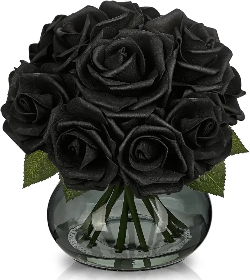 Hollyone Black Roses Artificial Flowers in Vase Silk Fake Rose Bouquet Flowers Floral Arrangements with Glass Vase with Faux Water for Home Bathroom Office Table Centerpiece Shelf Decorations