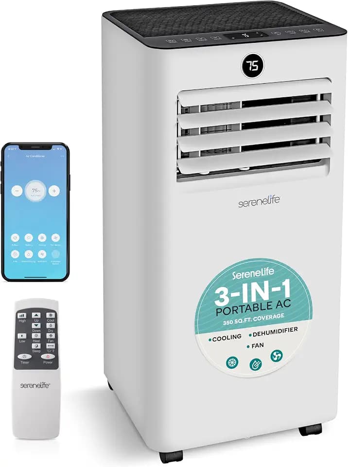 SereneLife Portable Air Conditioner 8000 BTU With WIFI | 3-in-1 Cooling, Fan and Dehumidifier | 24-H Timer up to 350 sq ft Coverage | AC Unit for Bedroom, Home & Office | Window Kit & Remote