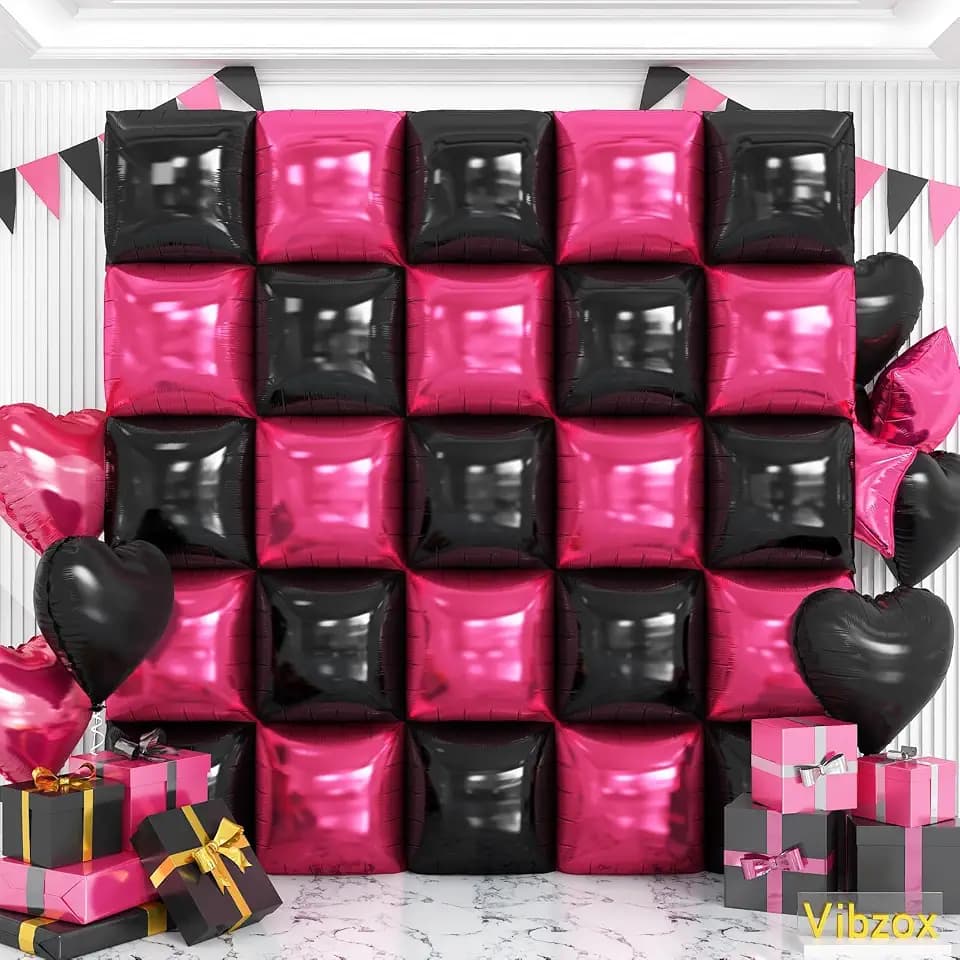 Hot Pink and Black Square Foil Balloons, Balloon Wall Backdrop for Party
