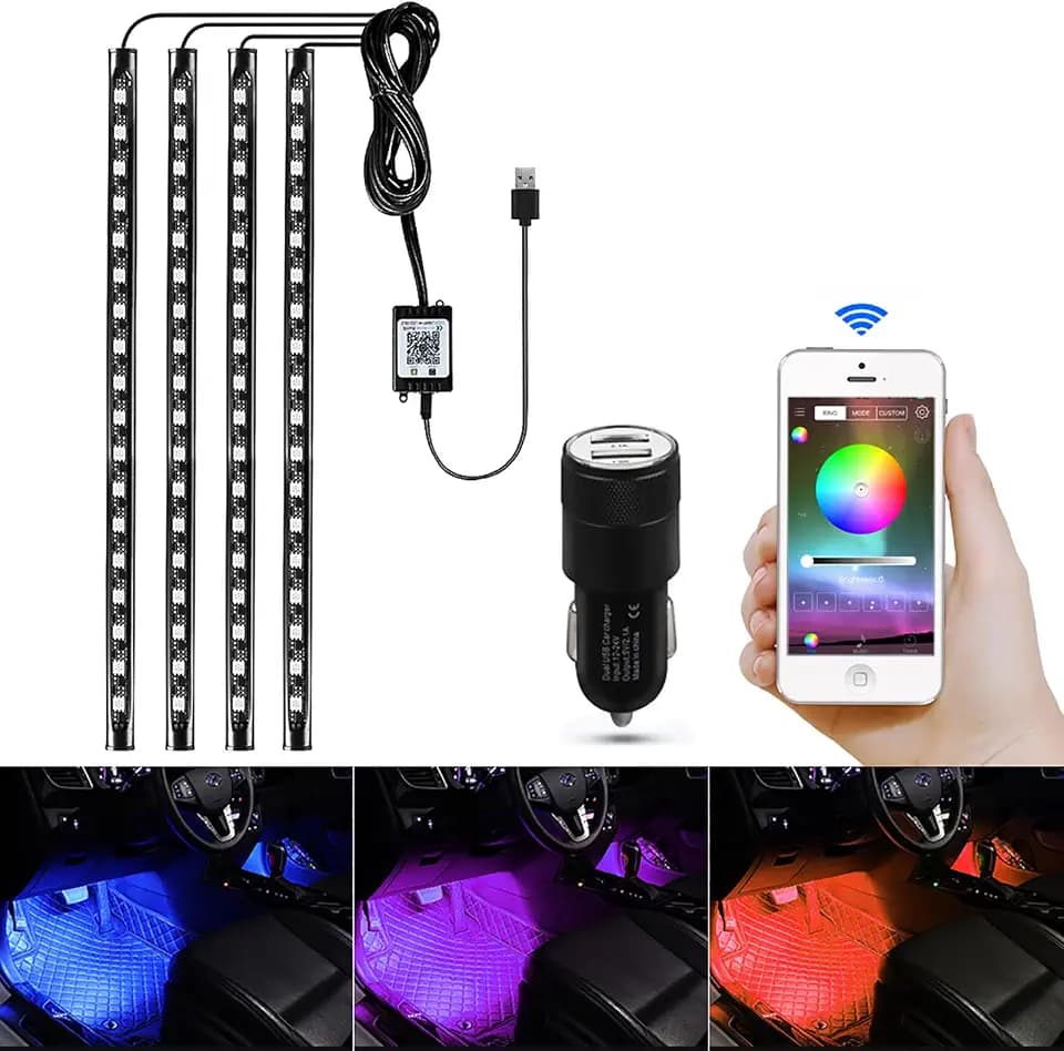 RGB LED Innenbeleuchtung Auto,LED Innenraum Ambientebeleuchtung mit APP, 4x18 Fußraumbeleuchtung Auto Car Accessories Gifts fur Man Women Mit USB-Port und Fernbedienung