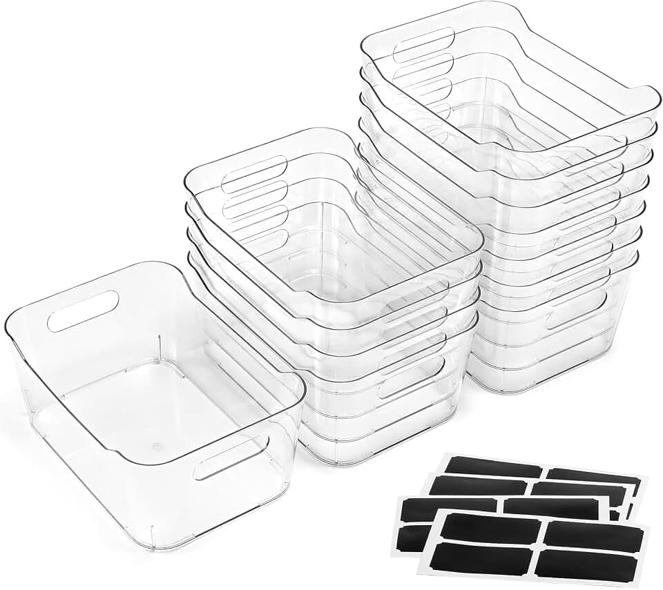 12 PACK Clear Plastic Storage Bins, Kitchen Cabinet Pantry Organizer Bins