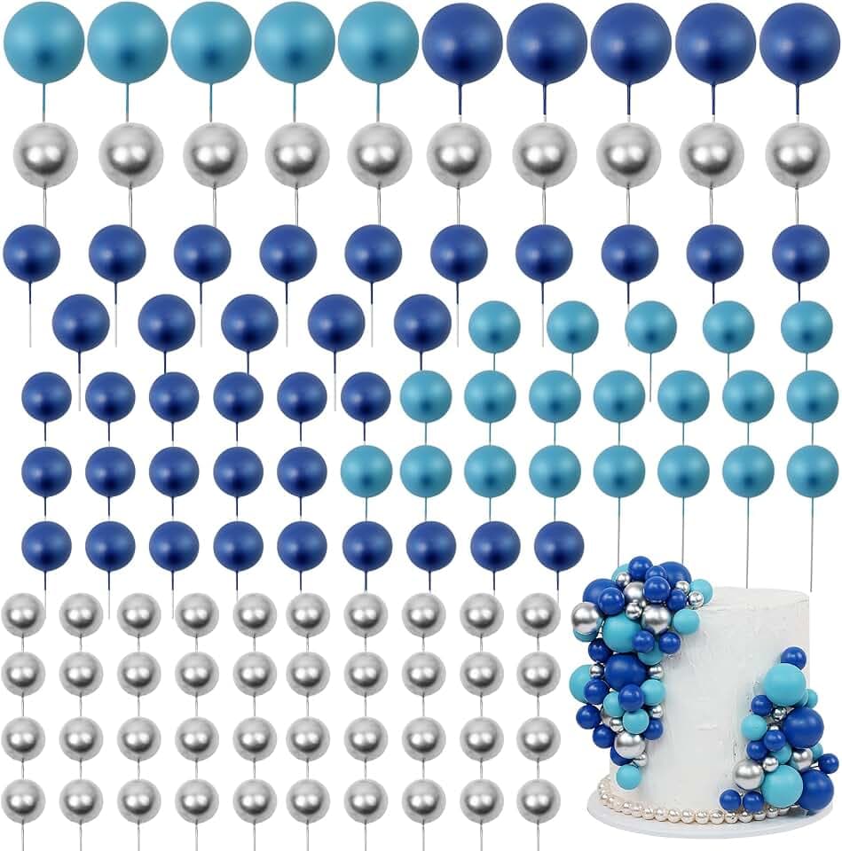 115 PCS Ball Cake Toppers - Mini Balloon Cake Decorations Foam Ball Cupcake Picks DIY Cake Insert Toppers for Birthday Party Wedding Baby Shower (Blue, Silver)