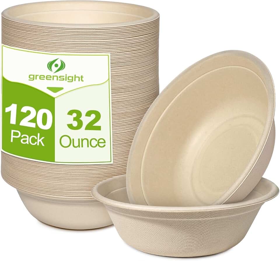 greensight 32oz Large Paper Bowls, 120 Pack Compostable Disposable