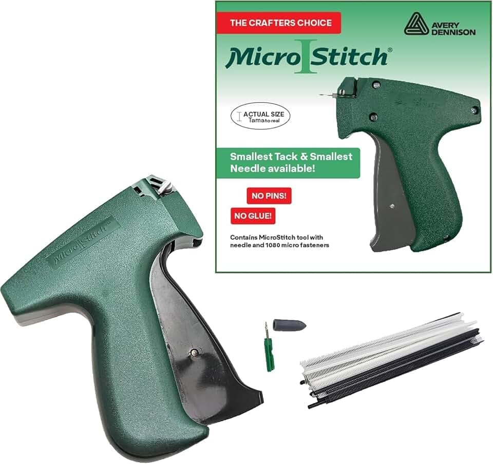 Das Original MicroStitch® All‑in-One Etikettierpistolen-Set, ultrafeiner Nadel-Tagger mit schwarz-weißen und farbigen Verschlüssen, stoffsicher für Kleidungsreparaturen, Quilten, Handwerk und