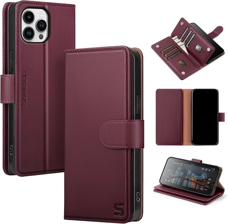 Shieldtop for iPhone 15 Pro Max Wallet Case with Card Holder,Wine Red