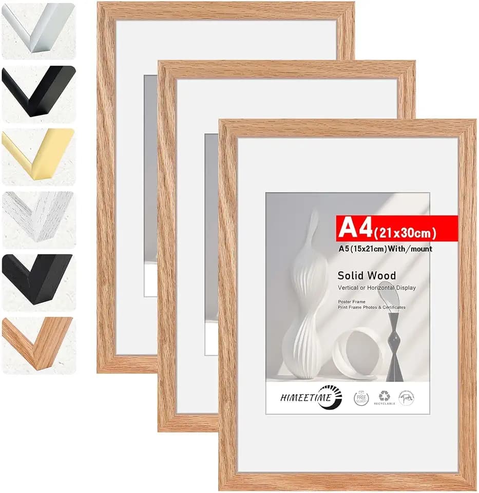 HIMEETIME® 3x Bilderrahmen DIN A4 21x30 cm,aus massivem Eichenholz,Natur Eiche Holz Rahmen | Display A5(15x21cm) Bild mit Passepartout |für Wandbehänge oder Tischdekoration