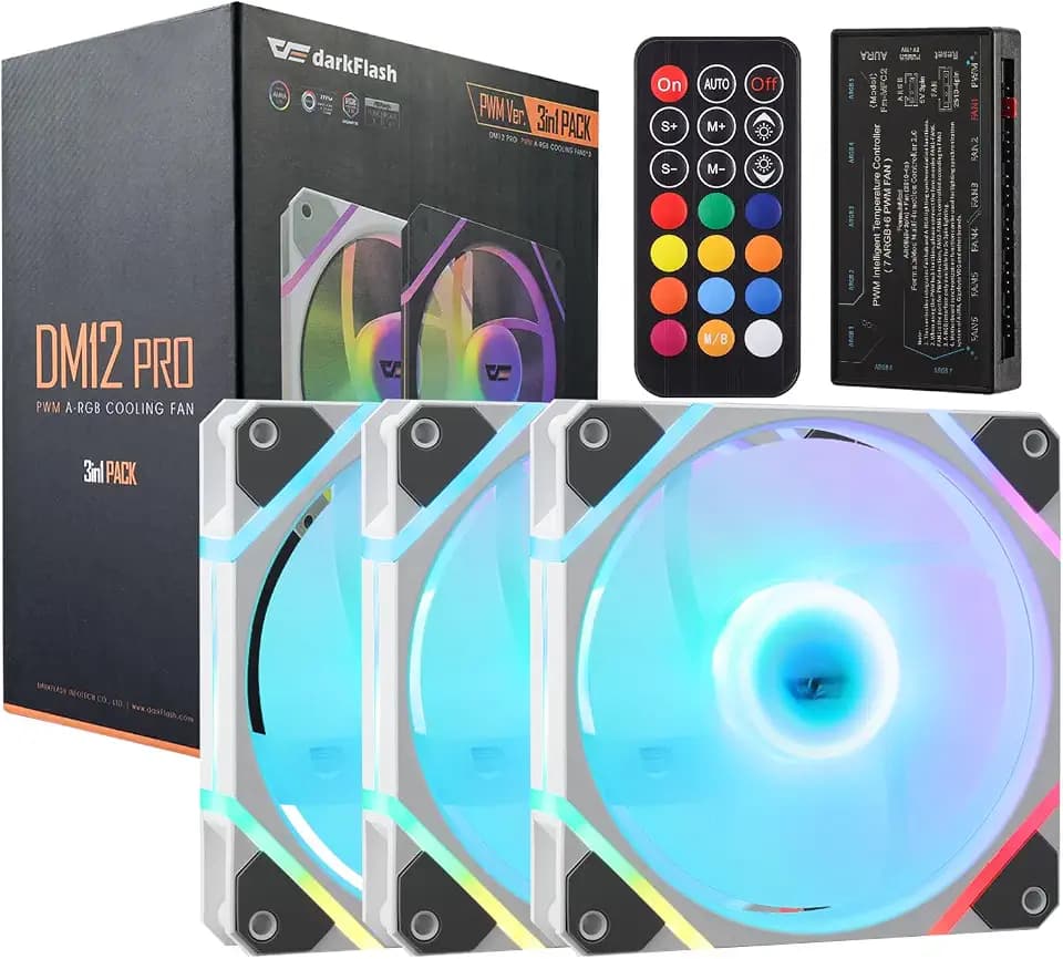 darkFlash 3-Pack 120mm PC Case Fans with Controller Hub & Remote, PWM ARGB Sync, Addressable RGB Cooling Fans for Computer Case & High Airflow(DM12PRO) (White)