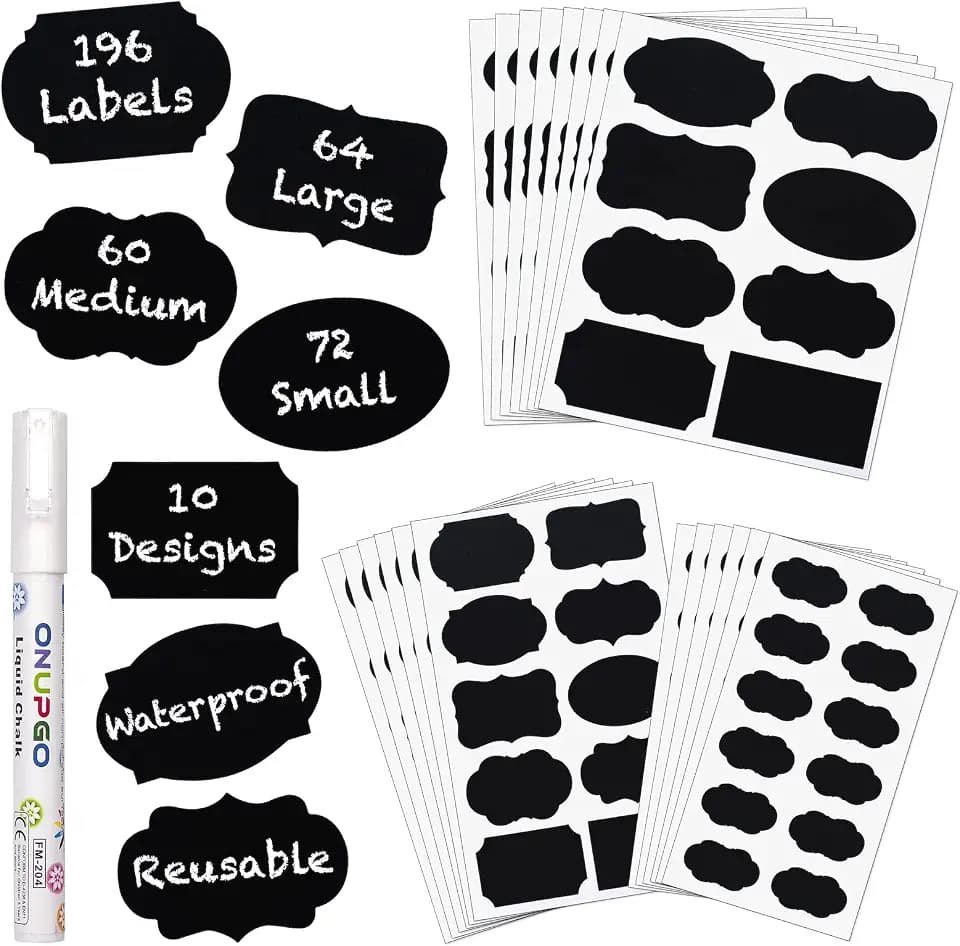 ONUPGO Chalkboard Labels Stickers Bulk - 196 Reusable Chalk Sticker Labels with Erasable Chalk Maker, Removable Waterproof Blackboard Labels for Containers, Glass, Mason Jar Labels