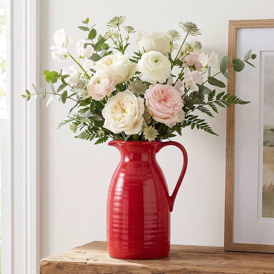 hjn hjn Farmhouse Pitcher Vase for Flowers- Ceramic Pitcher Vase Red Decorative Pitcher for Your Kitchen/Home Decor/Office/Living Room/Bookshelf/Mantel/-Red