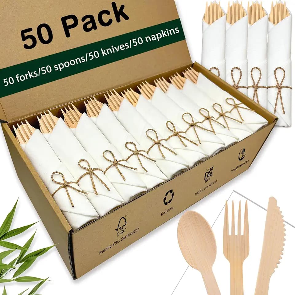 Pre Rolled Bamboo Silverware Set with Napkins - 50 Pack Bamboo Utensils