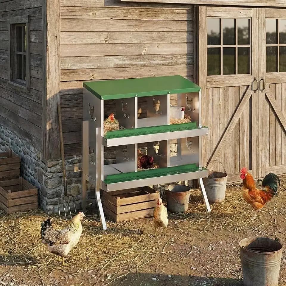 GarveeLife 6 Compartment Chicken Nesting Box with Metal Legs, Nesting Boxes for Chickens, Metal Chicken Laying Boxes with Perch, Secure Lid, Versatile Wall Mount or Free Standing for Hens, Green