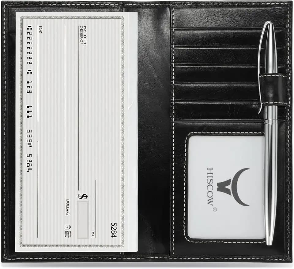 HISCOW Leather Checkbook Cover with Card Slots & Pen Holder, Antiqued Black