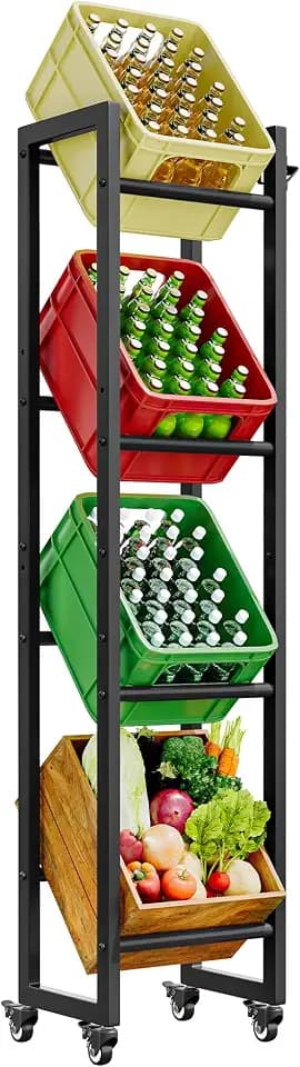 YITAHOME getränkekistenregal schmal mit rollen 4 kisten, verstellbaren füße, Öffner, Metall Kistenregal mit 4 Ebenen für Bier, Obst, Gemüse, Wasser, getränkeregal kisten regal