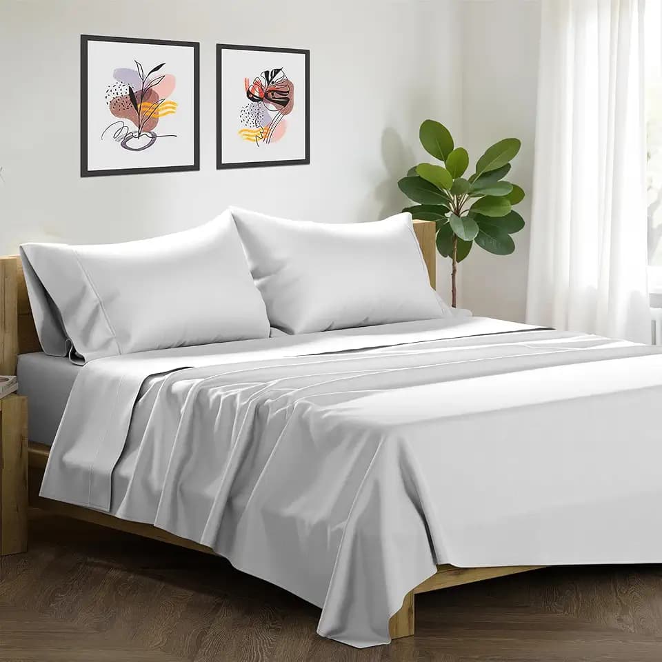 XOOX Linen Egyptian Cotton Sheets Queen Size - Luxury 1500 High Thread Count Queen Sheets Deep Pocket (4 PC, Light Grey), Soft, Cooling, Breathable, Sateen Weave 17" Deep Pocket Hotel Bedding Set
