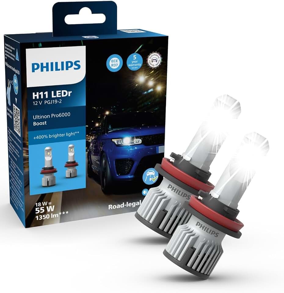 Philips Ultinon Pro6000 Boost H11-LEDr Scheinwerferlampe mit Straßenzulassung*, UNECE-R37 Zulassung mit E-Zeichen, +400% helleres Licht**