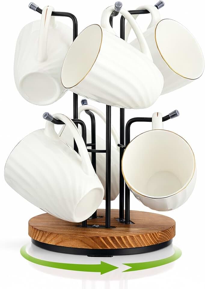Rotating Large Mug Tree for Counter, Coffee Mug Holder, 6 Hooks