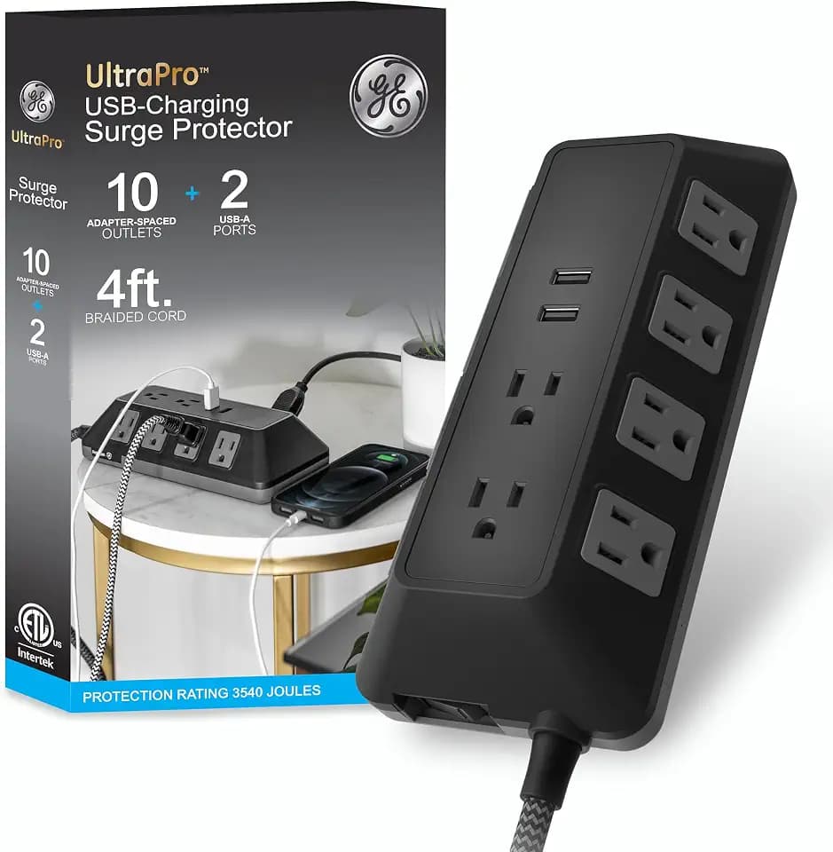 GE Surge Protector Power Strip with USB Ports, 4 Ft Braided Extension Cord