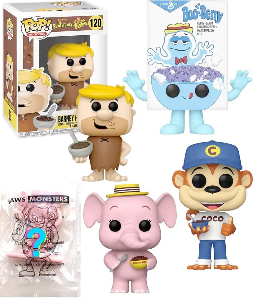Classics Retro Figure Ad Icons Mascot Bundled with Barney Pebbles Pop! + Boo-Berry Monster + Coco Monkey + Krispies Elephant Character Fun Pack 4 Items