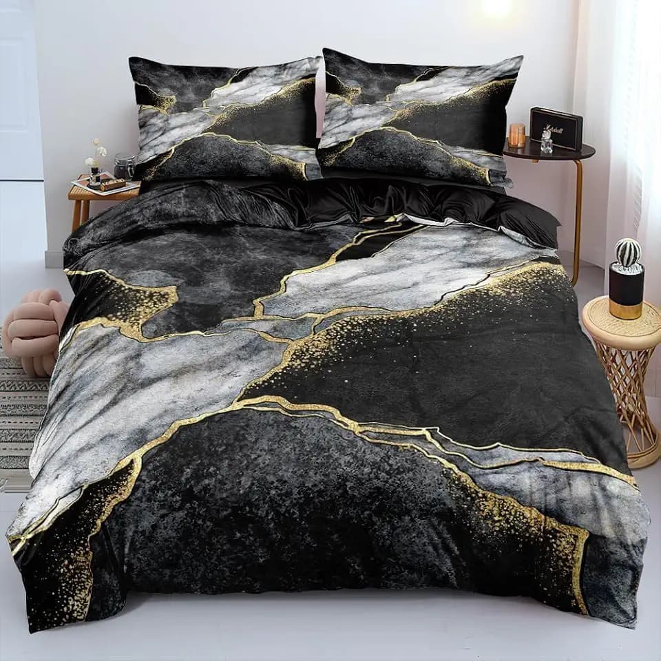 Luowei Bettwäsche 155x220 cm 3tlg Marmor Grau Schwarz, Mikrofaser | Oeko-TEX Atmungsaktiv Bettwäsche Set Modern Ästhetisches Design Bettbezug mit Reißverschluss und 2 Kissenbezüge 80x80cm