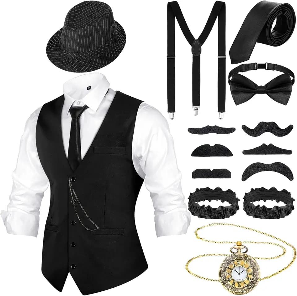 Blulu 1920er Jahre Herren Accessoires mit Weste Fedora Hut Taschenuhr Hosenträger Krawatte (Schwarz, Schwarz Streifen, L)