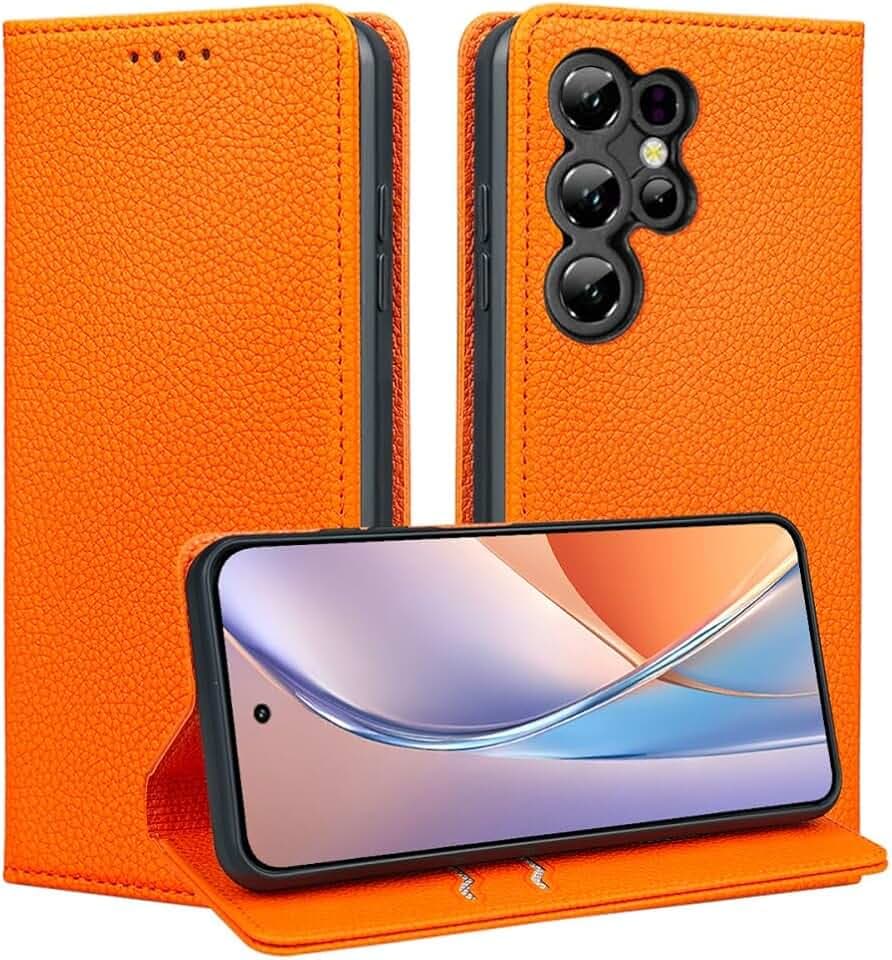 Flip Handyhülle für Oukitel C61 / C61 Pro mit Starker Magnet Schutz, Litchi PU Lederhülle mit Anti-Fingerprint, Luxuriöse Wallet Case. Orange