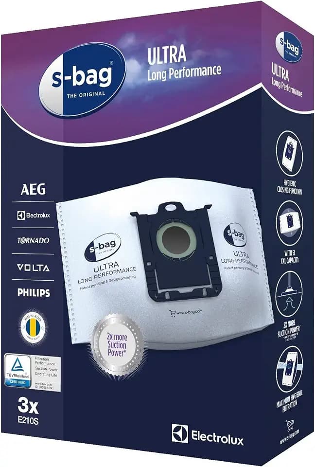 Electrolux E210S s-bag Staubbeutel (3 XXL Staubsaugerbeutel für dauerhaft hohe Saugleistung, Ultra Long Performance, optimale Filtration, Hygieneverschluss, 5 Liter Volumen, weiß)