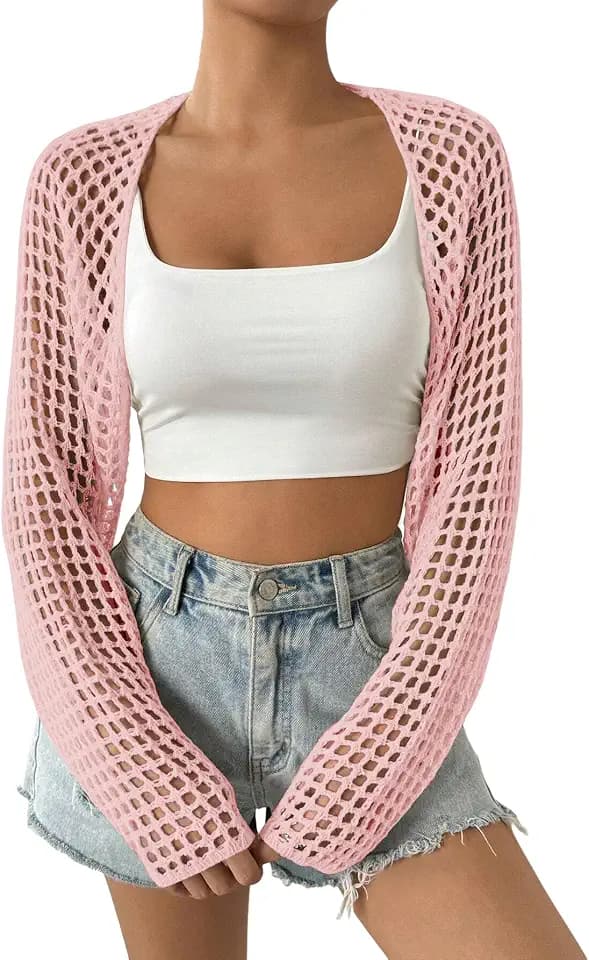 Women's Lightweight Crop Cardigan Crochet Knit Long Sleeve Bolero Shrug Sweater