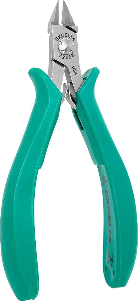 Excelta 7246E Precision Wire Cutter, Medium Taper Relieved Head Semi Flush, Carbon Steel Blades, Short Molded Grip, Wire Snips for Soldering, Compact Flush Cutter for Electronics Work, Made in USA