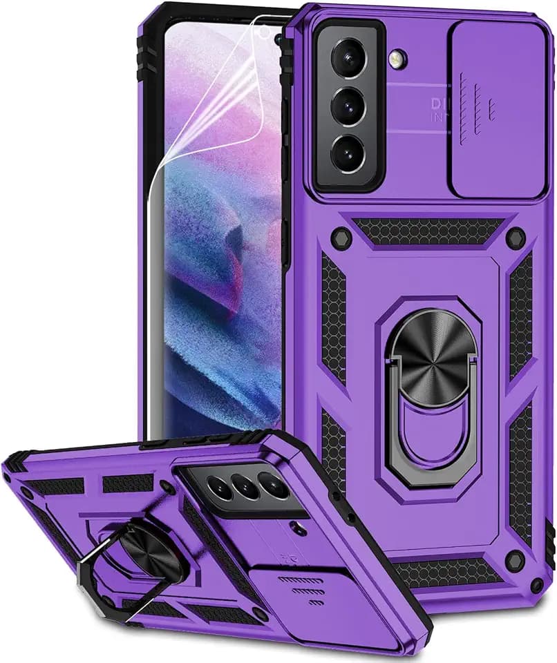 Schutzhülle für Samsung Galaxy S21 Plus mit Kameralinsenabdeckung, HD-Displayschutzfolie, Fallgetestet, magnetischer Ringhalter, Ständer, Schutzhülle für Samsung Galaxy S21+ Plus 5G (lila)
