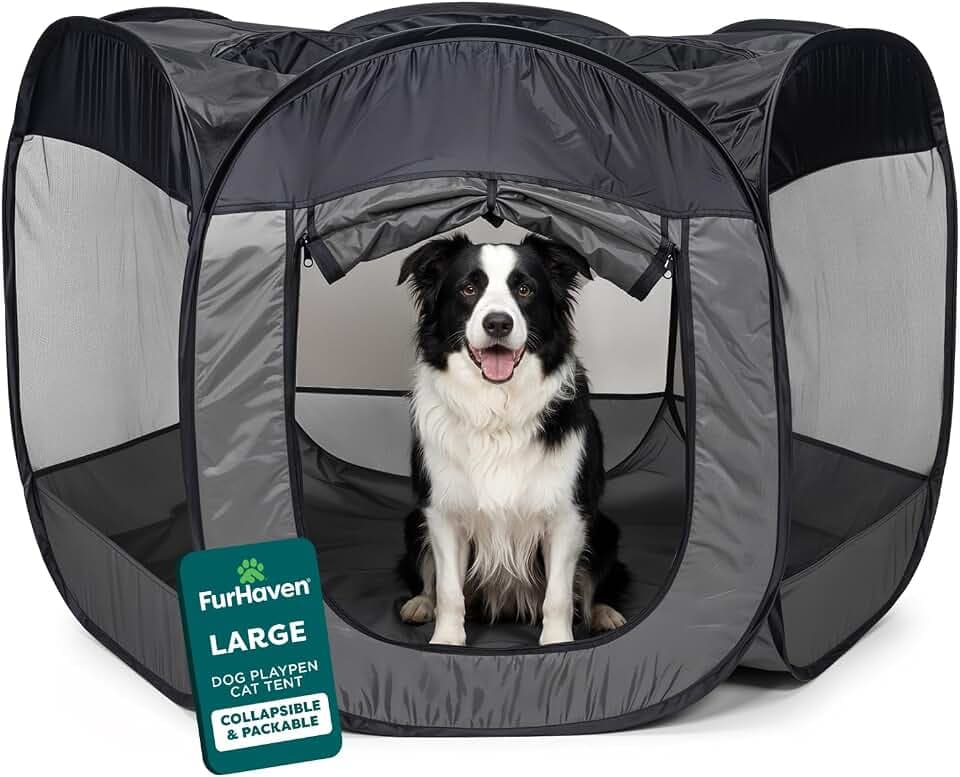 FurHaven Soft-Sided Dog & Cat Playpen, Portable Foldable Indoor & Outdoor Pet Playpen with Mesh Windows & Zippered Door, Gray, Large