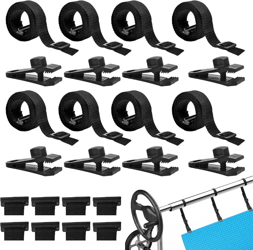 24 Pcs Pool Solar Cover Reel Attachment Kit, Solar Cover Reel Blanket Straps and Clips for Universal Inground Swimming Pool - Including 8 Adhesive Nylon Straps & Tabs, 8 Cord Plates, 8 Buckles