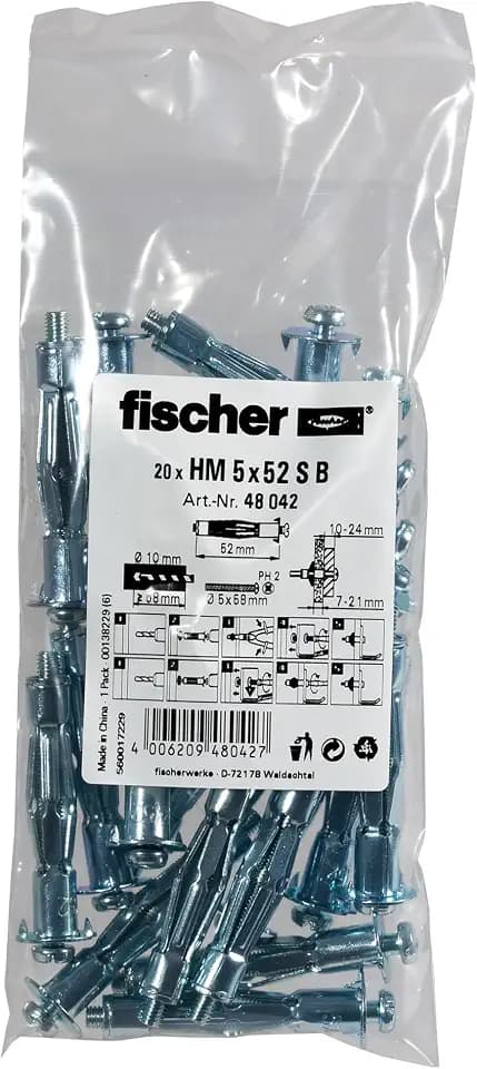 fischer Hohlraum-Metalldübel HM 5 x 52 S, Hohlraum-Metalldübel mit metrischer Schraube zum Befestigen von leichten Wandregalen, Gardinenschienen, uvm. in Plattenbaustoffen, 20 Stück