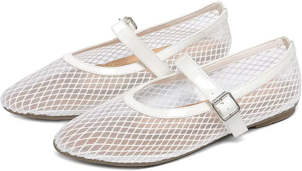 YorFotMae Women's Mesh Ballet Flats Fishnet Ballerina Flats Mary Jane Flats