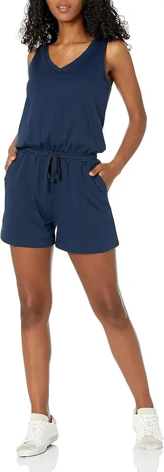 Amazon Essentials Women's Studio Terry V Neck Romper, Stretchy Exercise Loungewear, Soft