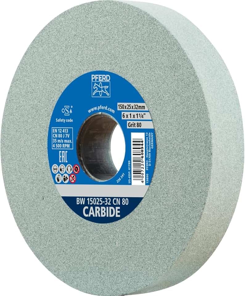 PFERD Vitrified Bench Grinding Wheel - Carbide, 6" Diameter, 1" Thick, 1-1/4" Arbor, 80 Grit, Silicon Carbide, for Carbide Tool Sharpening and Grinding - Part 61789