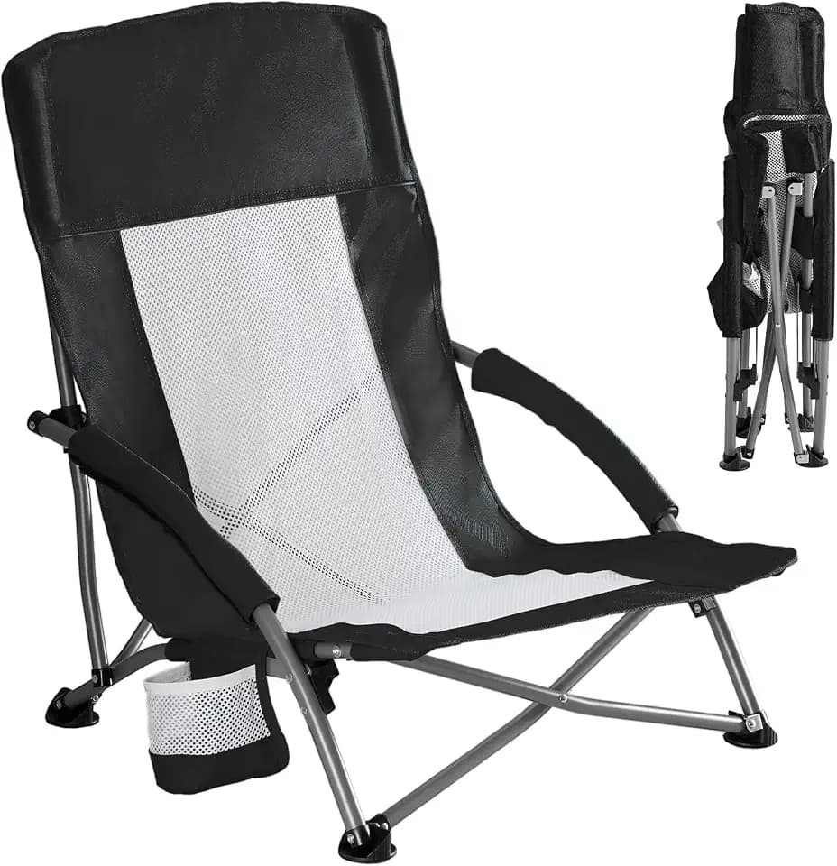 DUMOS Folding Camping Chairs, Low Profile Beach Chair, Black