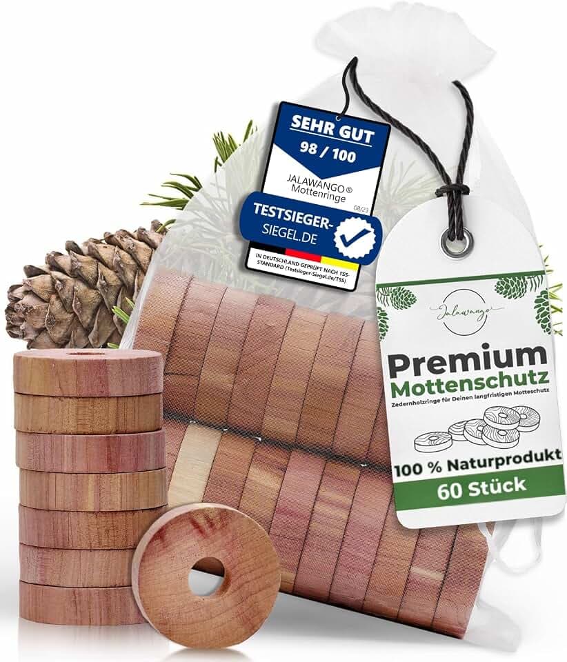 Mottenschutz aus Zedernholz | Testsieger | 60 Mottenringe | Premium Bio Zedernholzringe f. Kleiderbügel ideal als Mottenfalle Kleidermotten Mottenschutz für Kleiderschrank | Kleidermottenfalle Motten