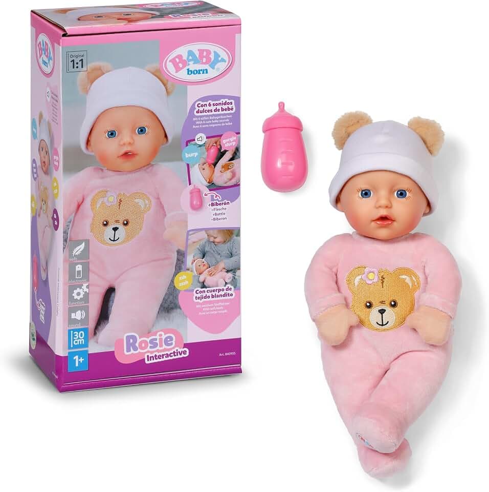 BABY Born Interactive Rosie 30 cm Babypuppe mit 6 Soundfunktionen | Weicher Stoffkörper, Fläschchen inklusive, 6 Soundfunktionen, ab 1 Jahr
