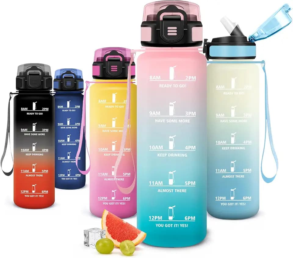 Sportflasche 1000ml, Wasserflasche mit Strohhalm, mit Zeitmarkierung, Auslaufsicher, BPA-frei, Kohlensäure Geeignet, für Gym, Wandern, Schule