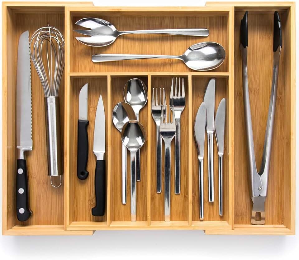 budu Besteckkasten #38 (Tiefe 38cm) aus Bambus - Schubladen Ordnungssystem für die Küche - Besteckkasten für Schubladen aus Bambus - Ausziehbar - Kitchen drawer organizer - Kitchen organizer