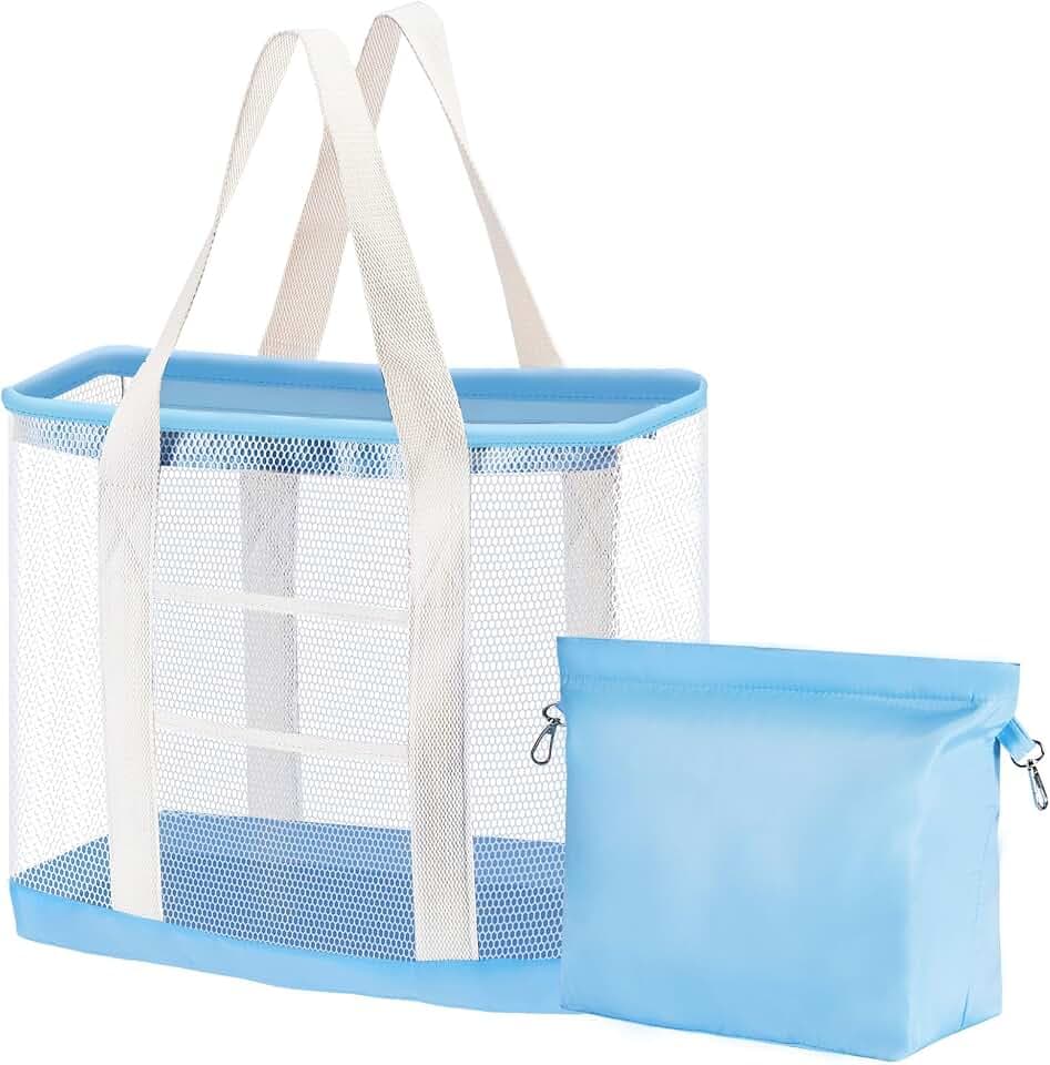 Extra Large Mesh Beach Tote Bag for Women with Zipper Sandproof Waterproof 9 Pockets Foldable Storage Pouch & Pockets Beach Bag for Pool Travel Shopping Vacation Family (Blue)