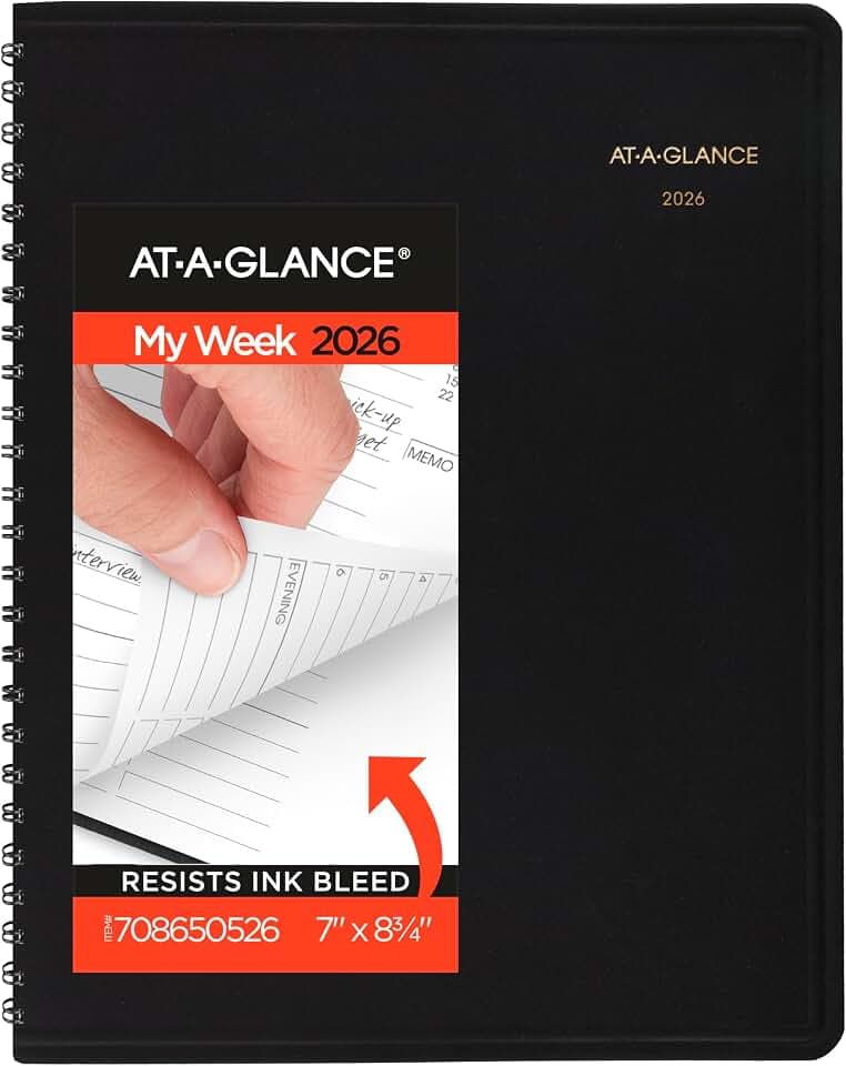 AT-A-GLANCE 2026 Appointment Book Planner, Weekly & Hourly, 7" x 8-3/4", Medium, Black (708650526)